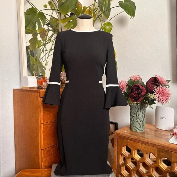 Calvin Klein Black Long-Sleeve Sheath Dress with White Trim - Picture 1 of 8